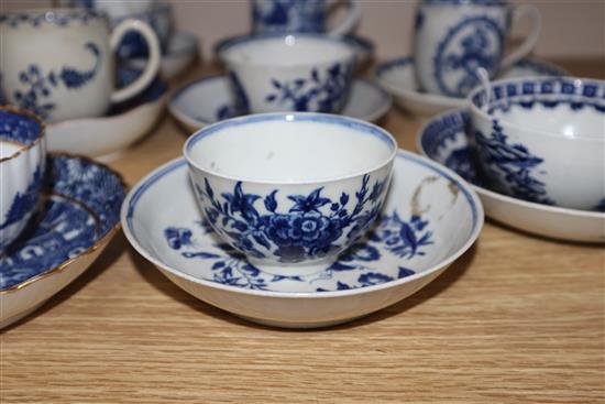 A group of Caughley, Worcester and Liverpool blue and white tea bowls, coffee cups and saucers, c.1770-90 (17)